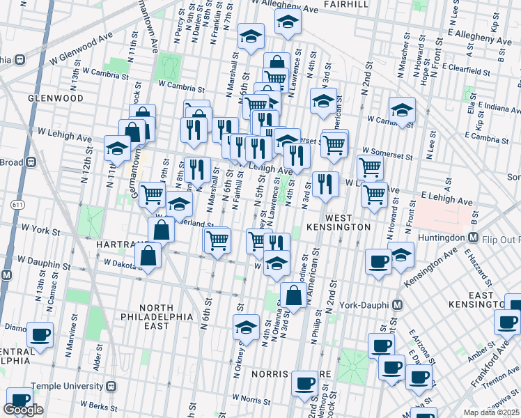 map of restaurants, bars, coffee shops, grocery stores, and more near 2549 North 5th Street in Philadelphia
