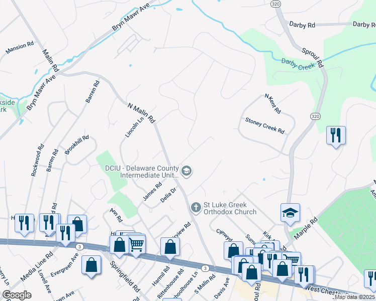 map of restaurants, bars, coffee shops, grocery stores, and more near 110 James Road in Broomall