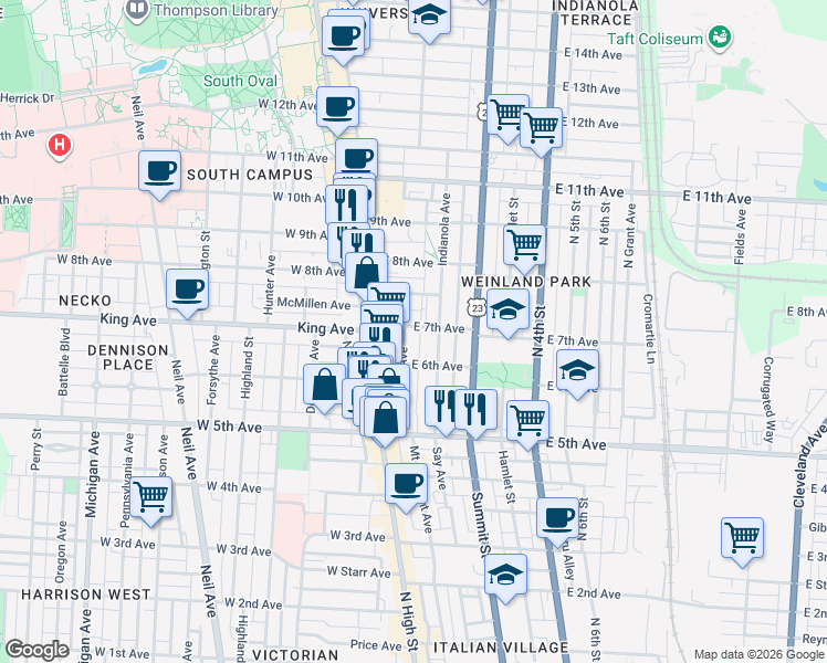 map of restaurants, bars, coffee shops, grocery stores, and more near 77 East 7th Avenue in Columbus