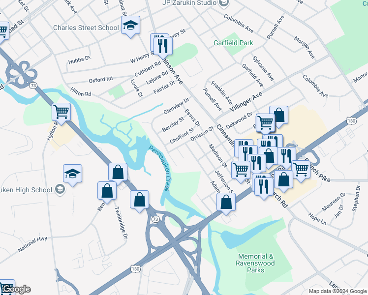 map of restaurants, bars, coffee shops, grocery stores, and more near 402 Division Street in Cinnaminson