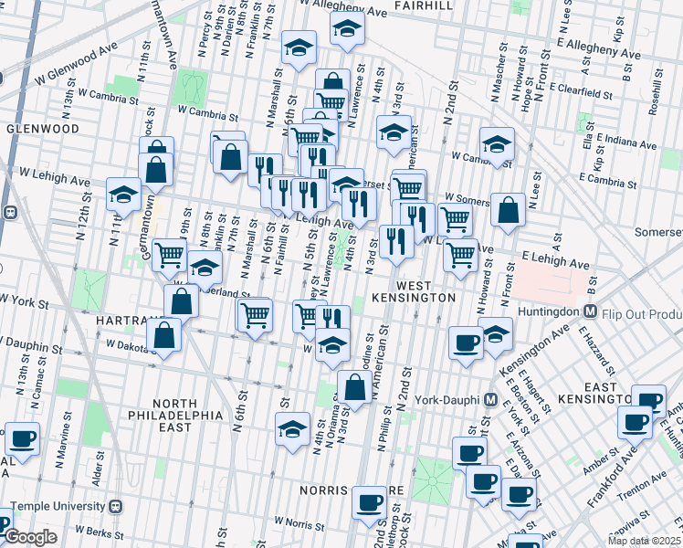 map of restaurants, bars, coffee shops, grocery stores, and more near 404 West Huntingdon Street in Philadelphia