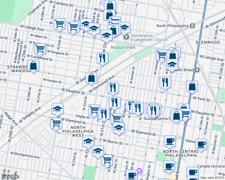 map of restaurants, bars, coffee shops, grocery stores, and more near 2338 North Lambert Street in Philadelphia
