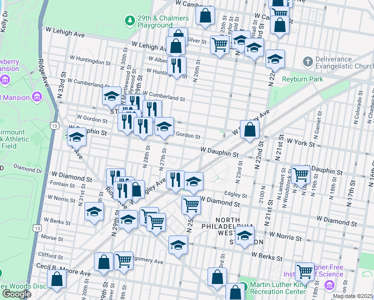 map of restaurants, bars, coffee shops, grocery stores, and more near 2249 North 26th Street in Philadelphia