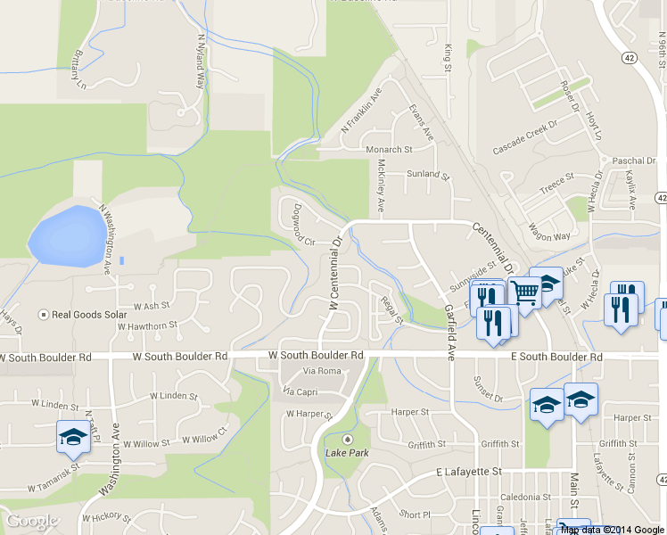 map of restaurants, bars, coffee shops, grocery stores, and more near 1949 West Centennial Drive in Louisville