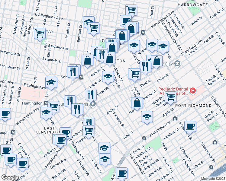 map of restaurants, bars, coffee shops, grocery stores, and more near 2025 East Cambria Street in Philadelphia
