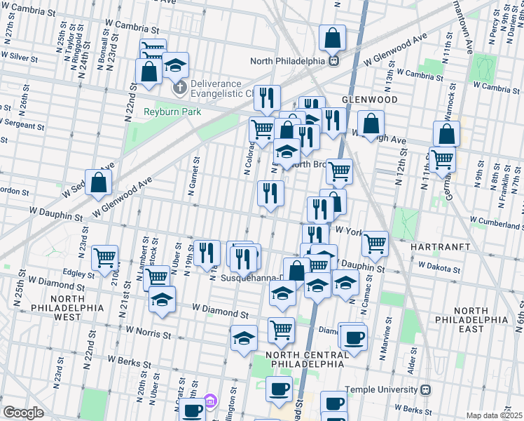 map of restaurants, bars, coffee shops, grocery stores, and more near 2409 North Chadwick Street in Philadelphia