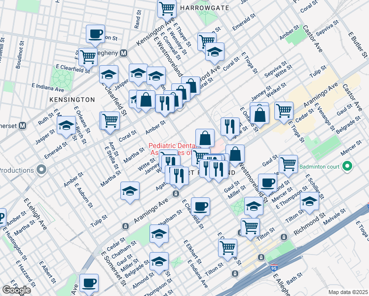 map of restaurants, bars, coffee shops, grocery stores, and more near 2232 East Allegheny Avenue in Philadelphia
