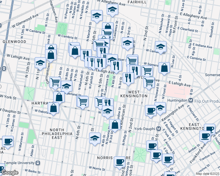 map of restaurants, bars, coffee shops, grocery stores, and more near 408 West Huntingdon Street in Philadelphia