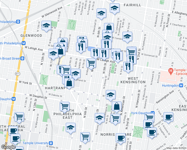 map of restaurants, bars, coffee shops, grocery stores, and more near 2539 North 6th Street in Philadelphia