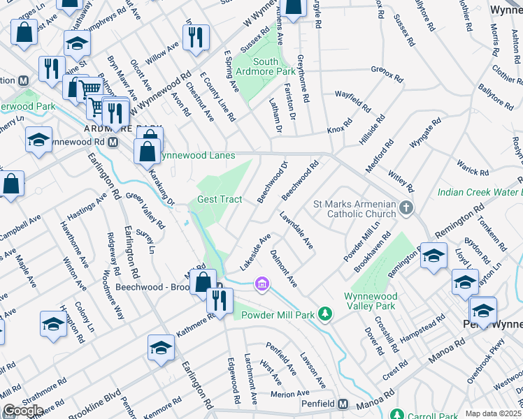 map of restaurants, bars, coffee shops, grocery stores, and more near 801 Beechwood Drive in Delaware County