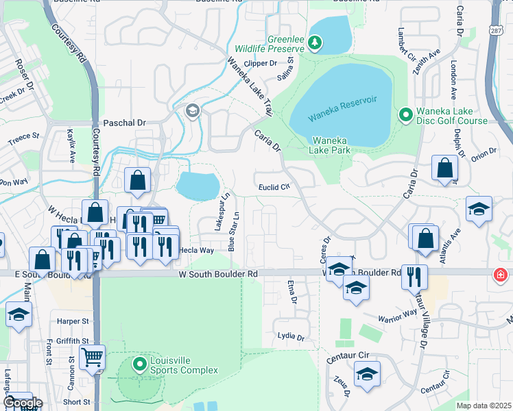 map of restaurants, bars, coffee shops, grocery stores, and more near 901 Sage Court in Lafayette
