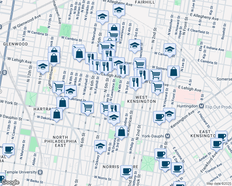map of restaurants, bars, coffee shops, grocery stores, and more near 408 West Huntingdon Street in Philadelphia