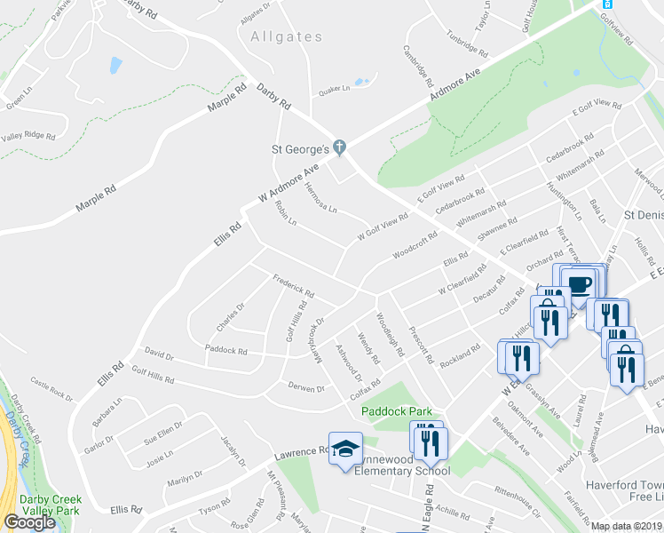 map of restaurants, bars, coffee shops, grocery stores, and more near 48 West Golf View Road in Havertown