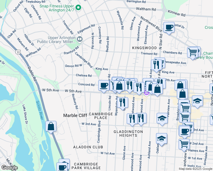 map of restaurants, bars, coffee shops, grocery stores, and more near 1645 Andover Road in Columbus