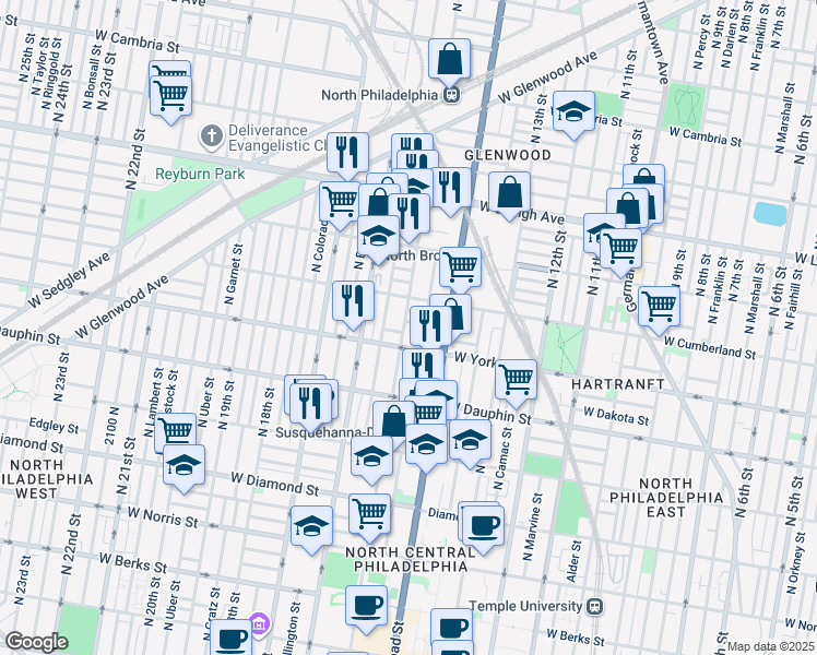 map of restaurants, bars, coffee shops, grocery stores, and more near 2427 North 15th Street in Philadelphia