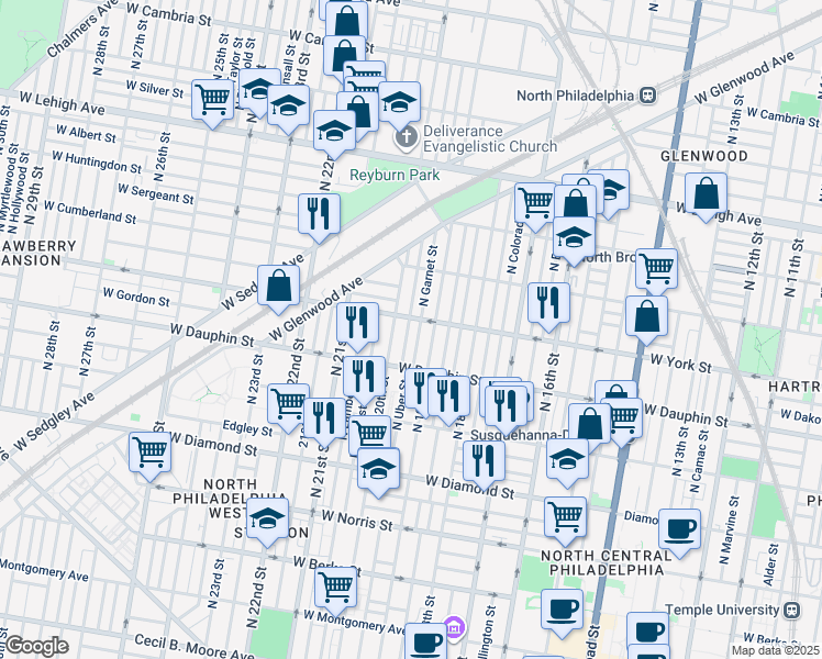 map of restaurants, bars, coffee shops, grocery stores, and more near 2355 North Opal Street in Philadelphia