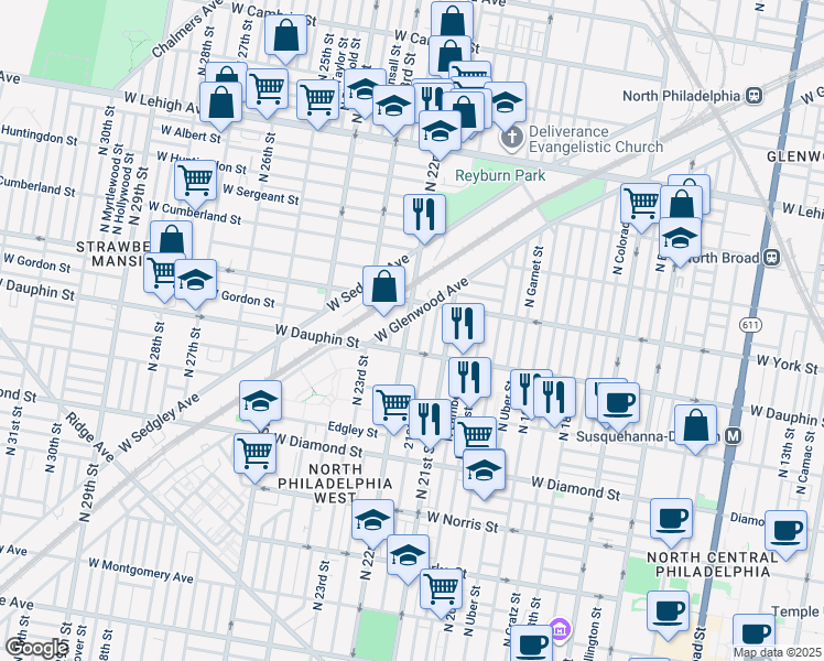 map of restaurants, bars, coffee shops, grocery stores, and more near 2327 North 22nd Street in Philadelphia