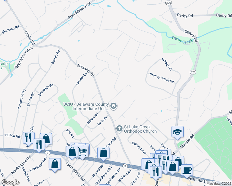 map of restaurants, bars, coffee shops, grocery stores, and more near 110 James Road in Broomall