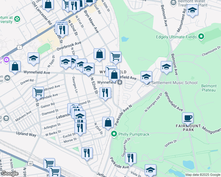 map of restaurants, bars, coffee shops, grocery stores, and more near 5031 Gainor Road in Philadelphia