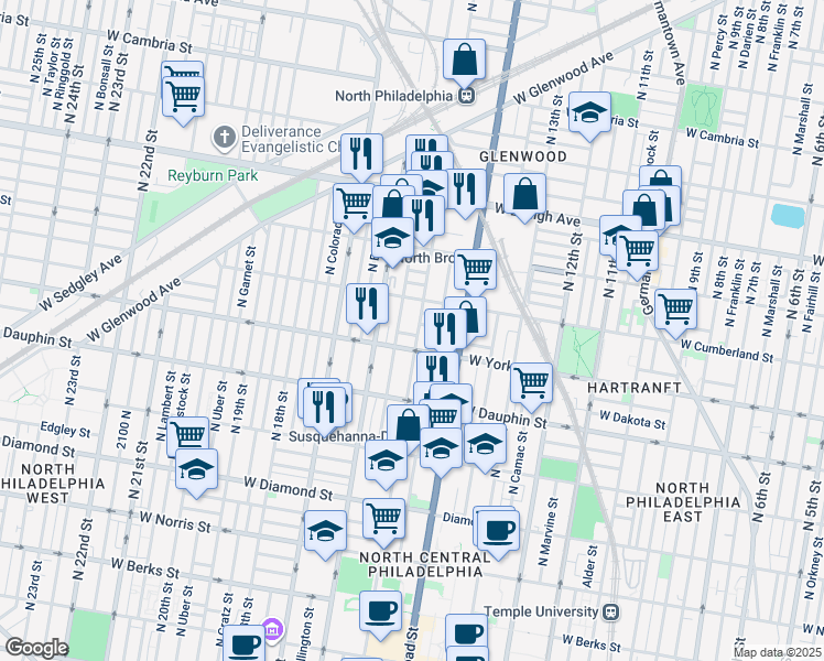 map of restaurants, bars, coffee shops, grocery stores, and more near 2420 North 15th Street in Philadelphia
