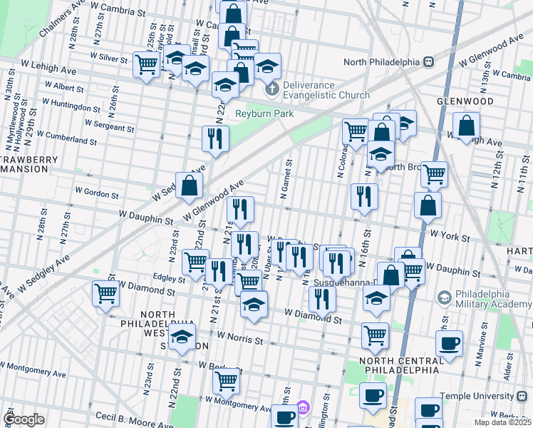 map of restaurants, bars, coffee shops, grocery stores, and more near 2343 North 20th Street in Philadelphia