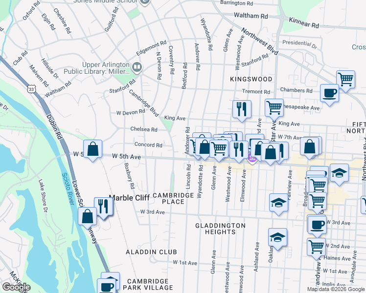map of restaurants, bars, coffee shops, grocery stores, and more near 1645 Andover Road in Columbus