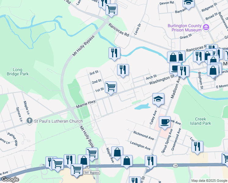 map of restaurants, bars, coffee shops, grocery stores, and more near 353 Washington Street in Mount Holly