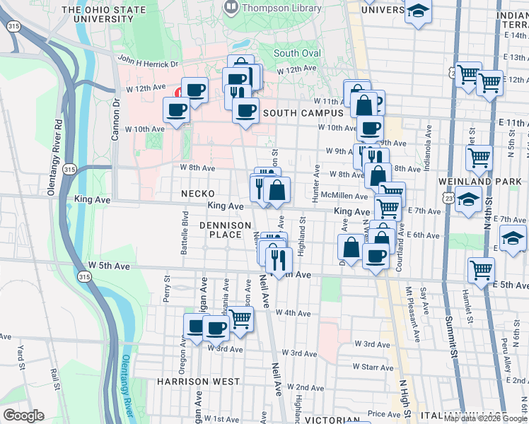 map of restaurants, bars, coffee shops, grocery stores, and more near 245 King Avenue in Columbus