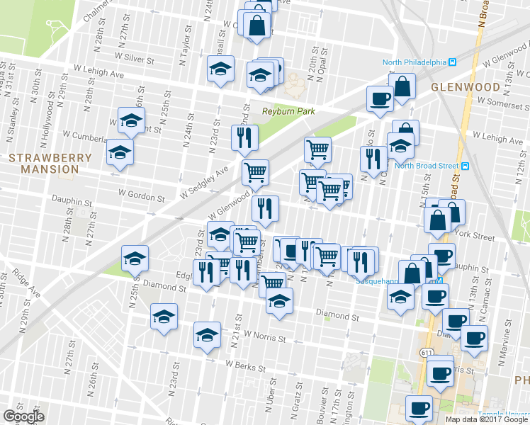 map of restaurants, bars, coffee shops, grocery stores, and more near 2340 North Lambert Street in Philadelphia