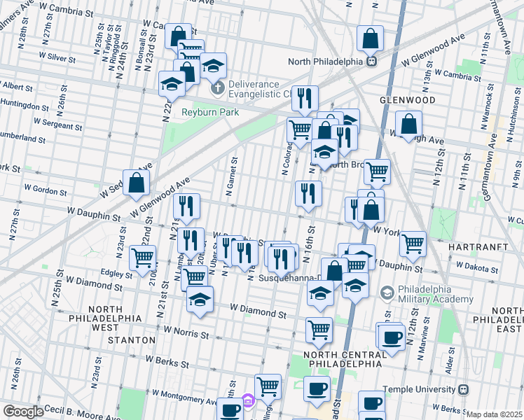 map of restaurants, bars, coffee shops, grocery stores, and more near W York St & N 18th St in Philadelphia