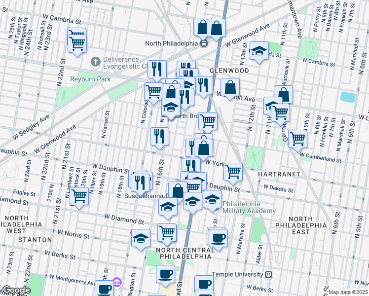 map of restaurants, bars, coffee shops, grocery stores, and more near 2427 North 15th Street in Philadelphia