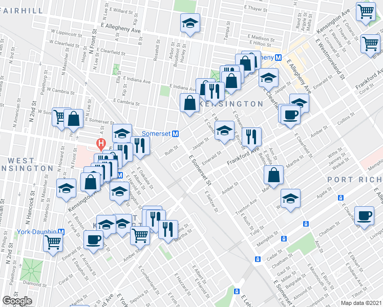 map of restaurants, bars, coffee shops, grocery stores, and more near 1907 East Somerset Street in Philadelphia