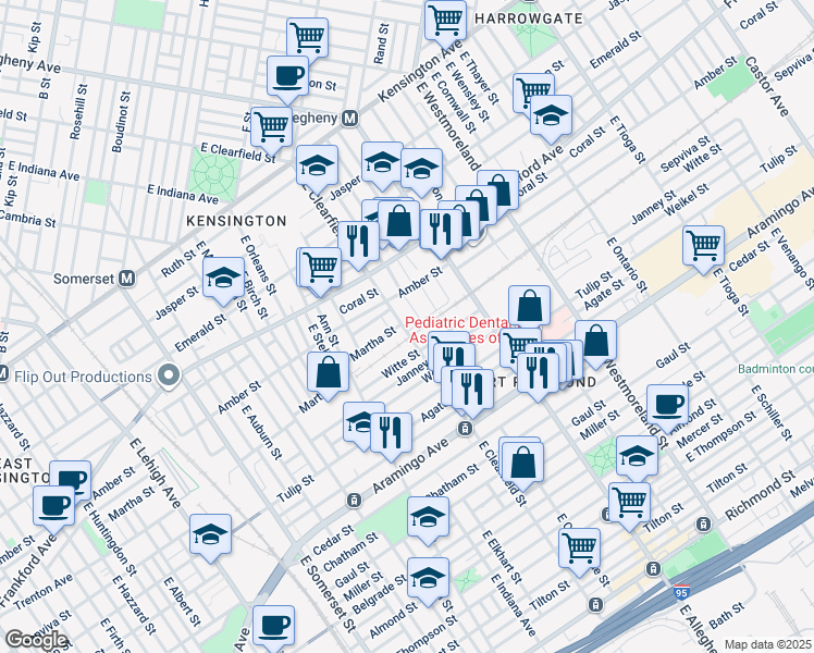 map of restaurants, bars, coffee shops, grocery stores, and more near 2143 East Clearfield Street in Philadelphia