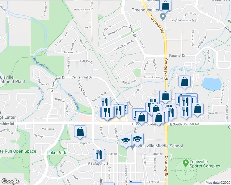map of restaurants, bars, coffee shops, grocery stores, and more near 2002 Centennial Drive in Louisville