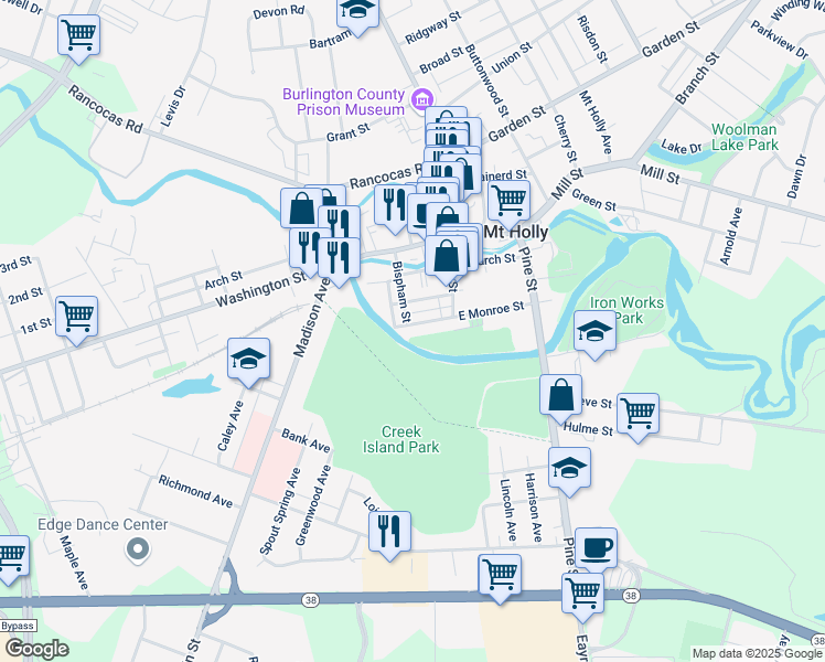 map of restaurants, bars, coffee shops, grocery stores, and more near 50 West Monroe Street in Mount Holly