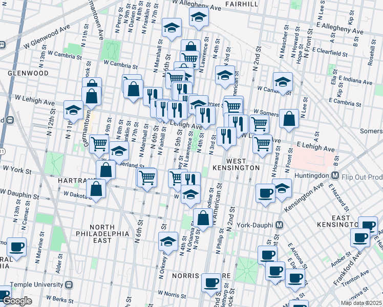 map of restaurants, bars, coffee shops, grocery stores, and more near 414 West Huntingdon Street in Philadelphia