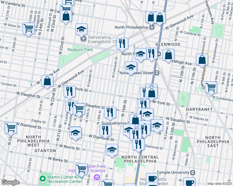 map of restaurants, bars, coffee shops, grocery stores, and more near 2400 North 17th Street in Philadelphia