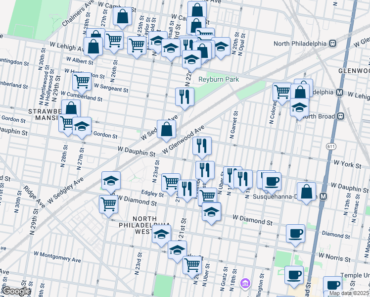 map of restaurants, bars, coffee shops, grocery stores, and more near 2335 North Beechwood Street in Philadelphia