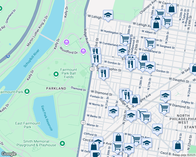 map of restaurants, bars, coffee shops, grocery stores, and more near 3224 West Susquehanna Avenue in Philadelphia