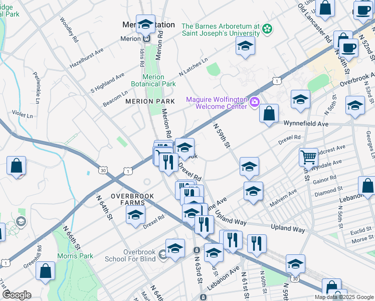 map of restaurants, bars, coffee shops, grocery stores, and more near 6038 Overbrook Avenue in Philadelphia