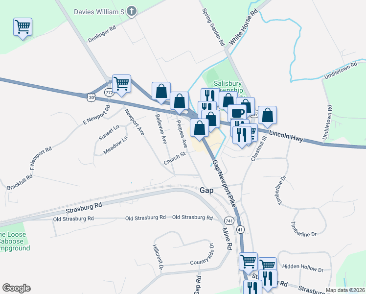 map of restaurants, bars, coffee shops, grocery stores, and more near 796 Pequea Avenue in Gap