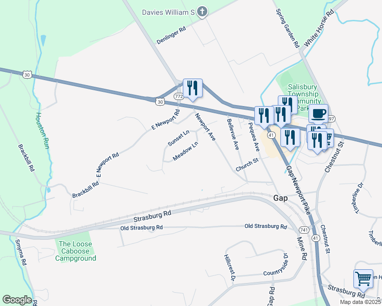 map of restaurants, bars, coffee shops, grocery stores, and more near 5248 Meadow Lane in Gap