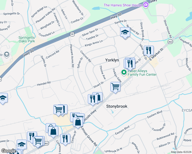 map of restaurants, bars, coffee shops, grocery stores, and more near 122 Stony Brook Drive in York