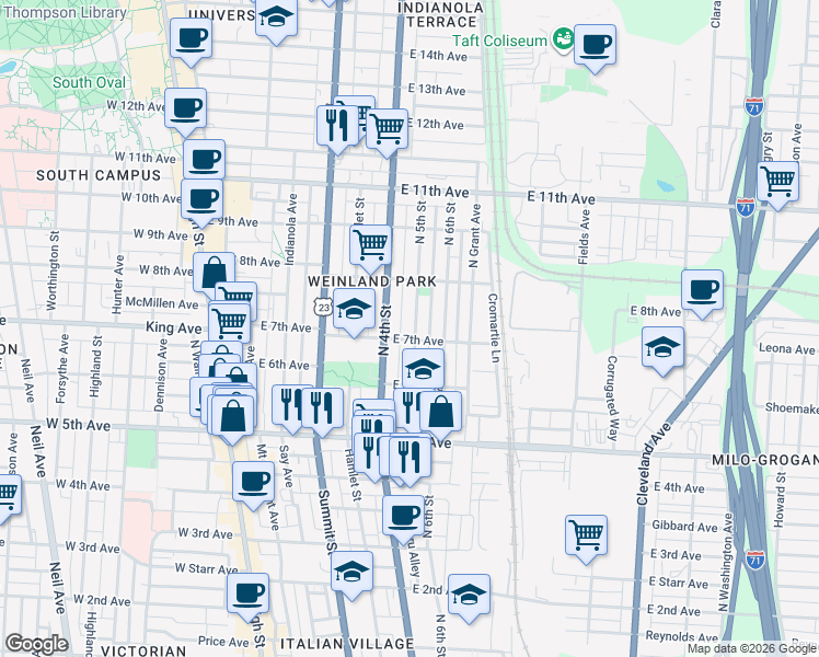 map of restaurants, bars, coffee shops, grocery stores, and more near 1312 North 5th Street in Columbus