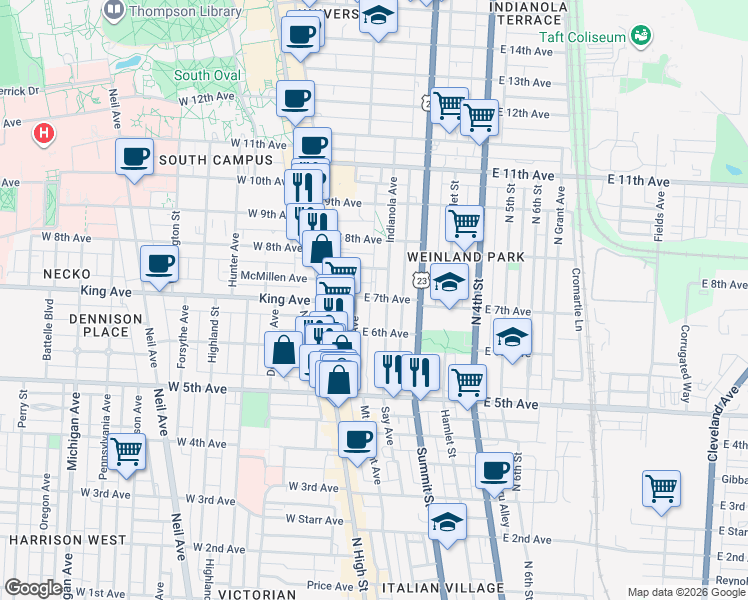 map of restaurants, bars, coffee shops, grocery stores, and more near 77 East 7th Avenue in Columbus