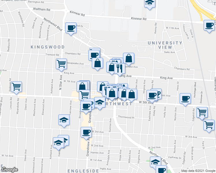 map of restaurants, bars, coffee shops, grocery stores, and more near 1312 West 6th Avenue in Columbus