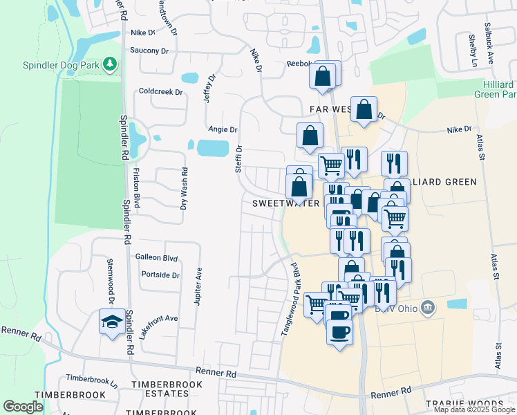 map of restaurants, bars, coffee shops, grocery stores, and more near 5716 Apricot Lane in Hilliard