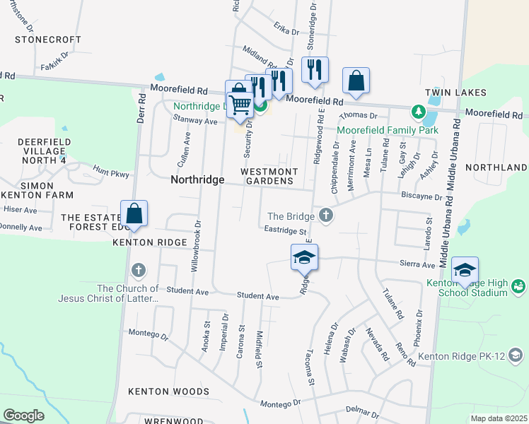 map of restaurants, bars, coffee shops, grocery stores, and more near 4640 Eastridge Street in Springfield