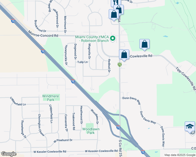 map of restaurants, bars, coffee shops, grocery stores, and more near 3405 Redbud Drive in Troy