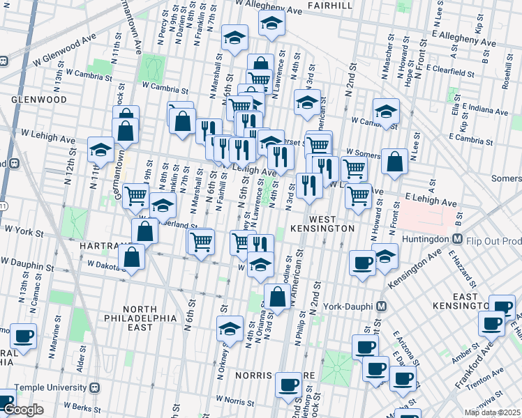 map of restaurants, bars, coffee shops, grocery stores, and more near 416 West Huntingdon Street in Philadelphia